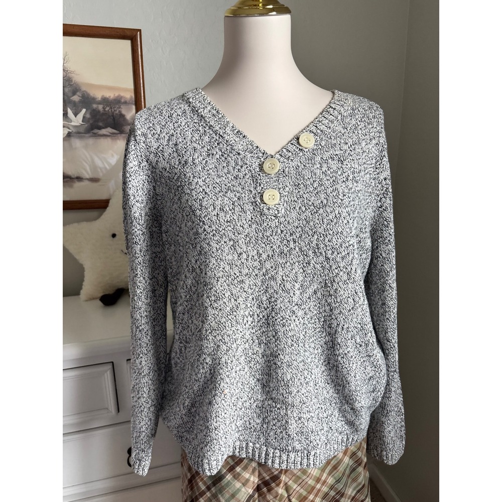 Marled Knit Cotton Sweater Henley V-Neck Black White Christopher & Banks XL